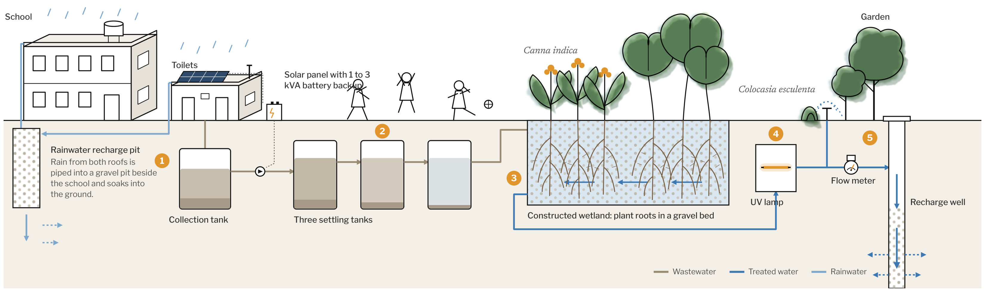 Original process illustration: wastewater flows from school toilets to a collection tank, three settling tanks, a planted gravel wetland, UV disinfection and a flow meter, then to gardens and a recharge well. Roof rainwater is routed separately to a recharge pit.